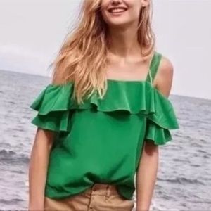 NEW J. Crew Womens Size 4 Green Cold Shoulder 100% Silk Blouse Top Style G5184